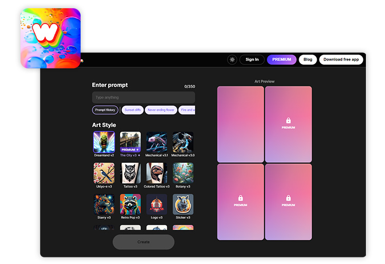 text to image UI of WOMBO Dream to generate album cover